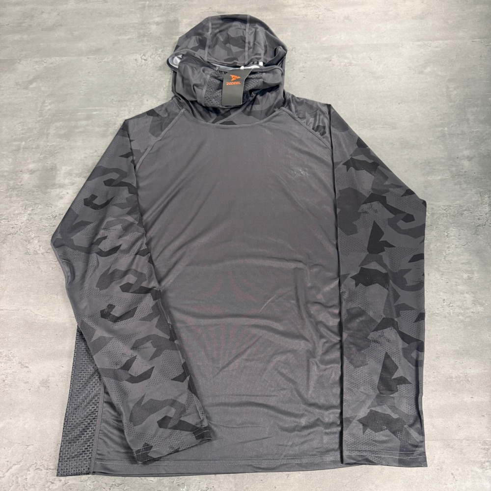 Rodeel Fishing Hoodie Mens Small Gray Camo Neck Gaiter Mask Performance Pullover